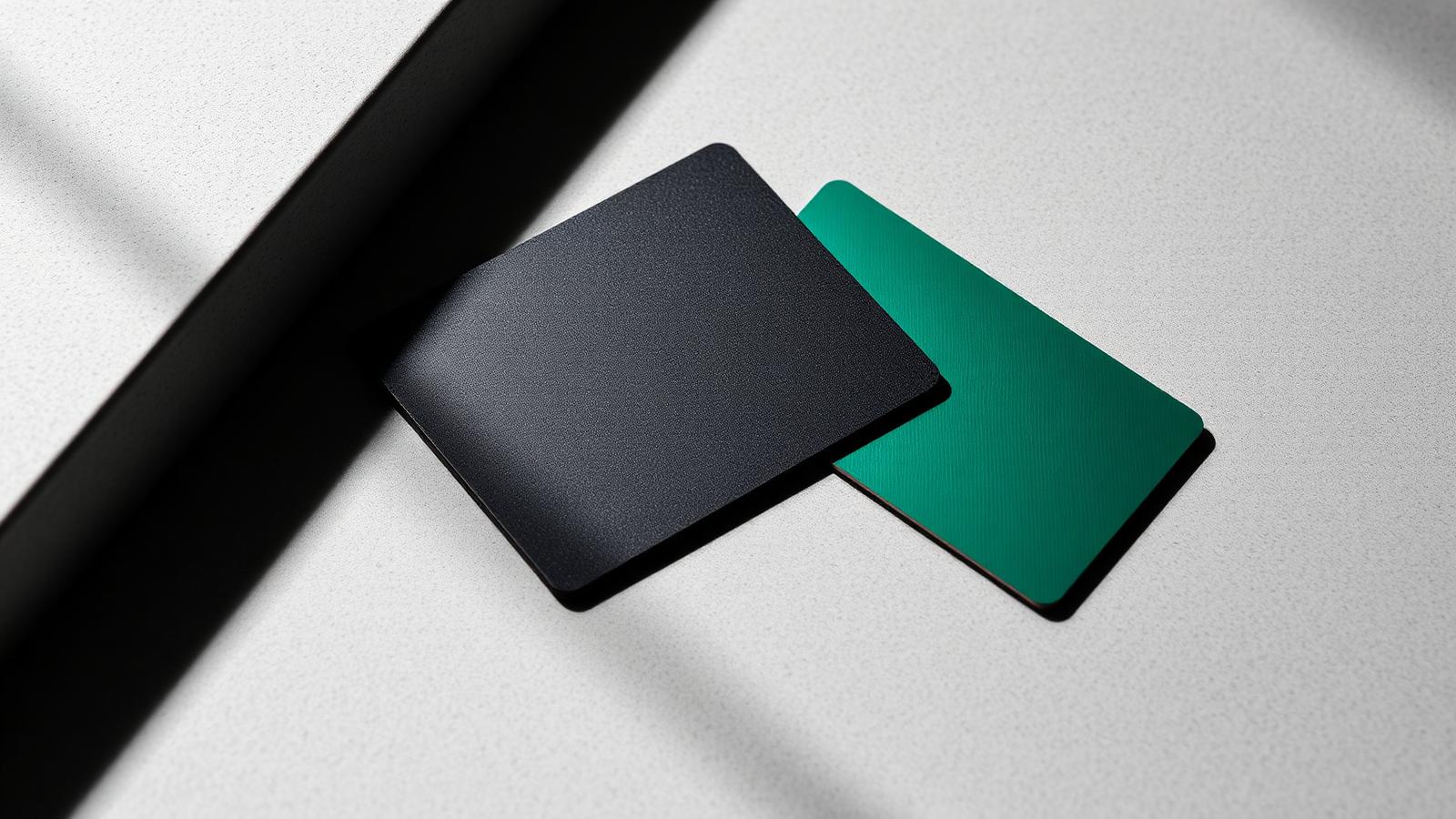 Two minimalist credit cards arranged diagonally on a concrete surface  a clean visual for moving a balance to a 0% APR card.