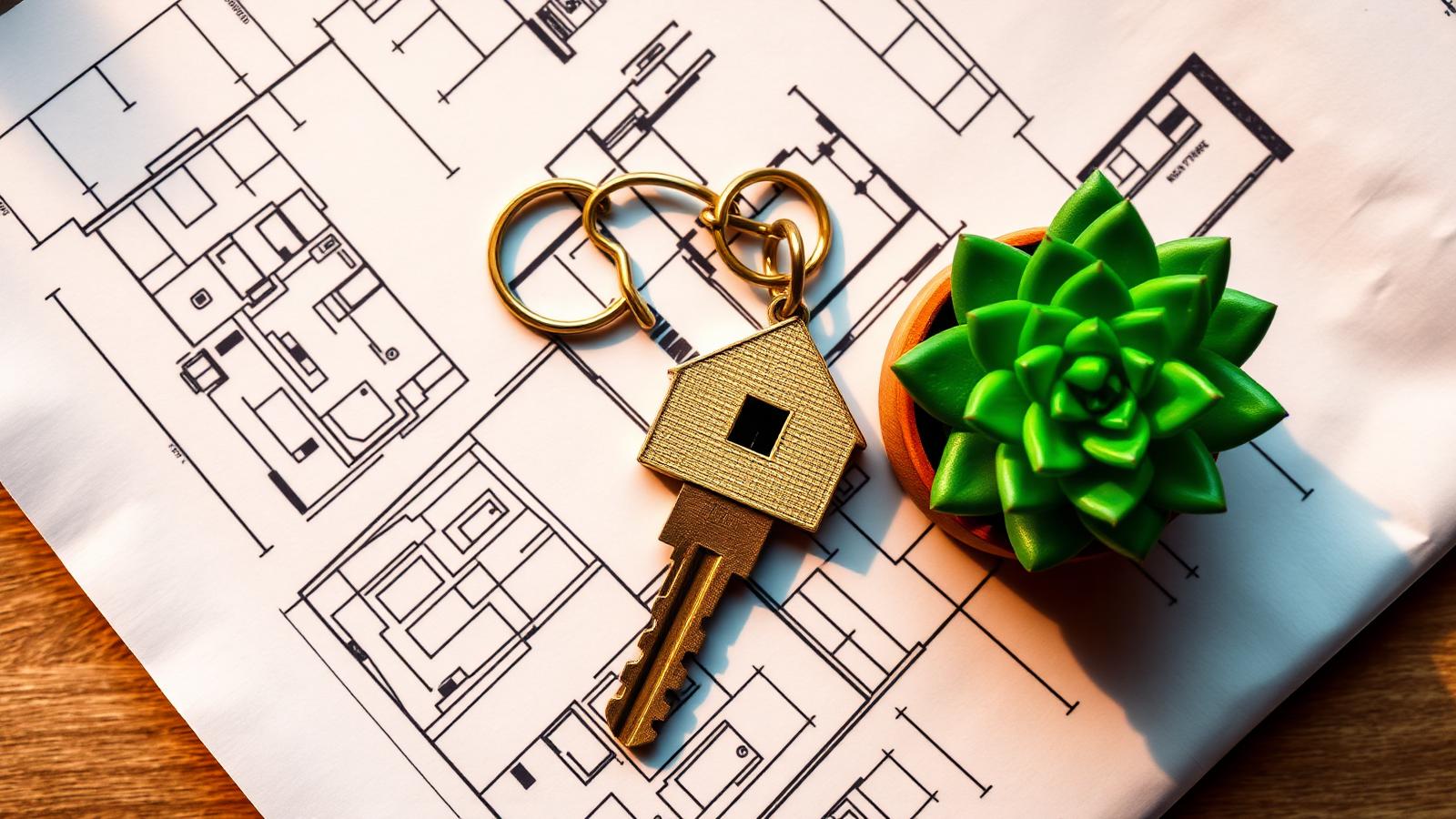A brass house-shaped key resting on architectural blueprints  a quiet symbol of the first-time homebuyer journey.