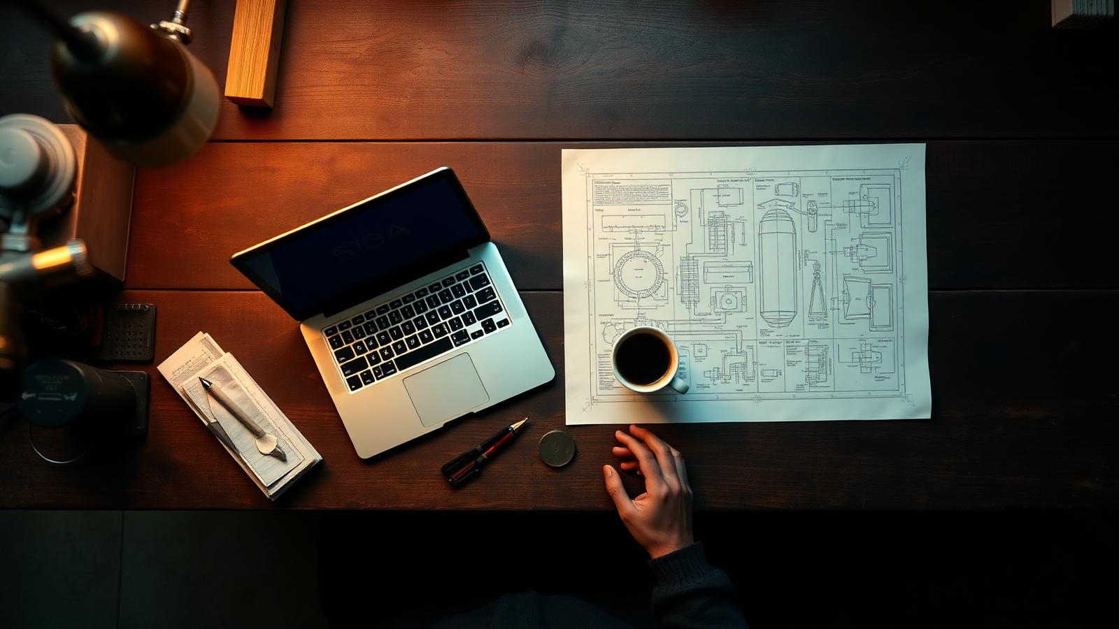 A small business owner's workbench with laptop, coffee, and engineering blueprint  capturing the planning phase of an SBA-backed loan.